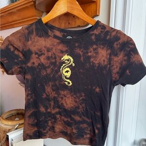 Tie-Dye Black & Brown Crop Top with Gold Dragon Graphic